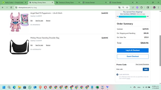 Go.com checkout page showing Go.com discount code box | Screenshot taken by SimplyCodes community member on May 17, 2025