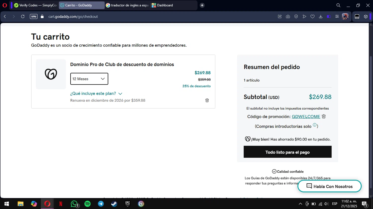 GoDaddy promo code screenshot showing code GDWELCOME applied at GoDaddy checkout page. Uploaded by SimplyCodes community member mimusuky1 on Dec 21, 2025