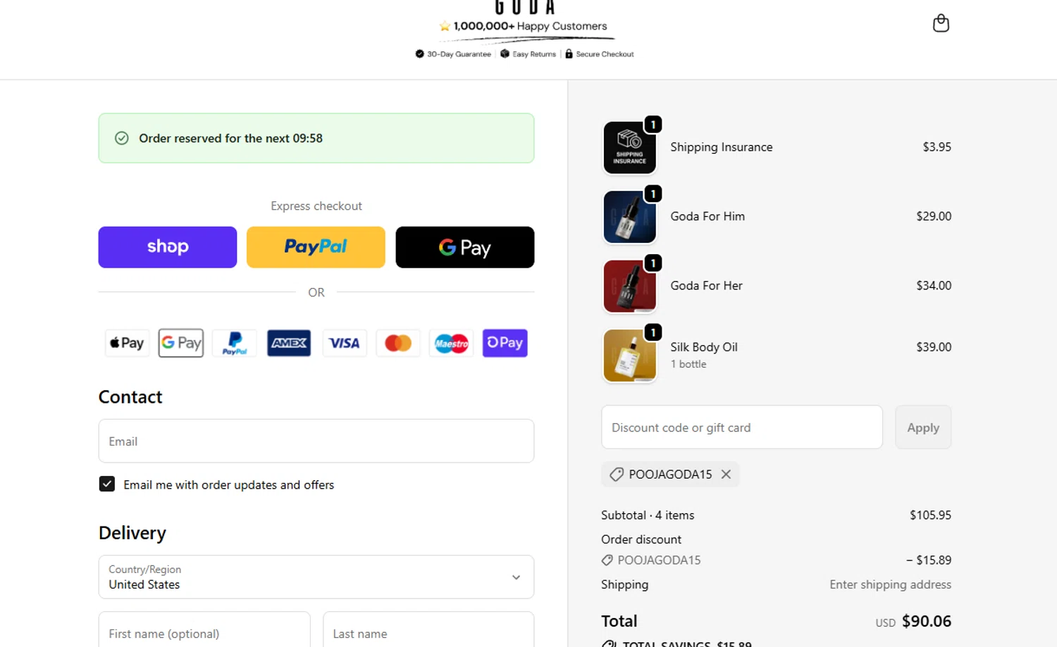 Goda Perfume discount code screenshot showing code POOJAGODA15 applied at Goda Perfume checkout page. Uploaded by SimplyCodes community member Billyyou on Jan 3, 2026