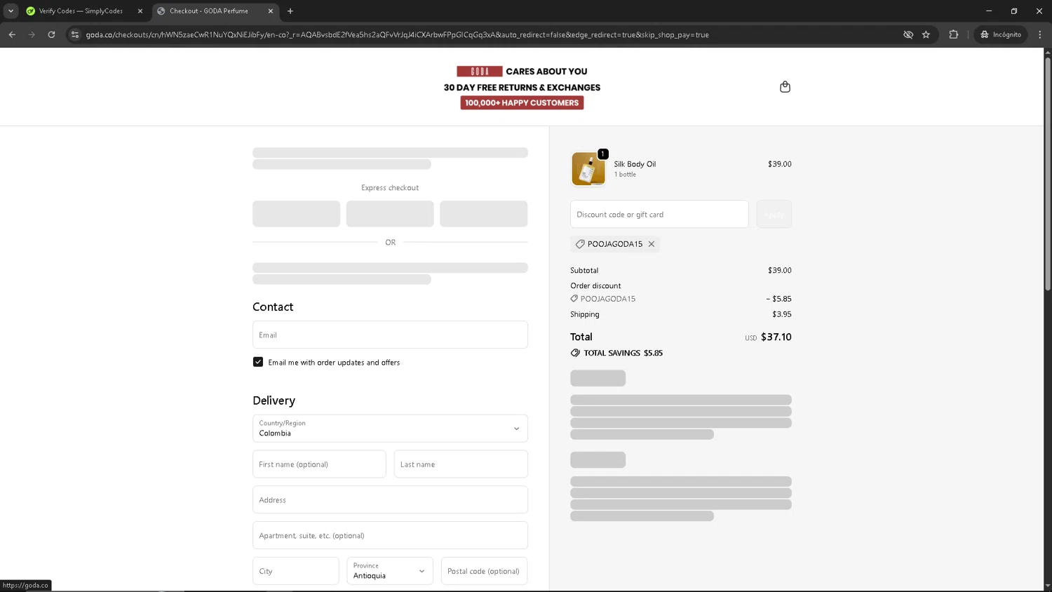 Goda Perfume discount code screenshot showing code POOJAGODA15 applied at Goda Perfume checkout page. Uploaded by SimplyCodes community member HAOJIN on Dec 3, 2025