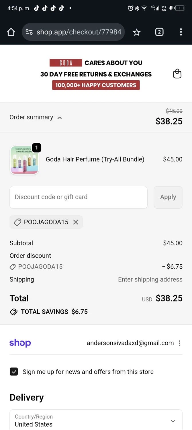 Goda Perfume discount code screenshot showing code POOJAGODA15 applied at Goda Perfume checkout page. Uploaded by SimplyCodes community member Xx_Cogeburras3000_xX on Dec 4, 2025