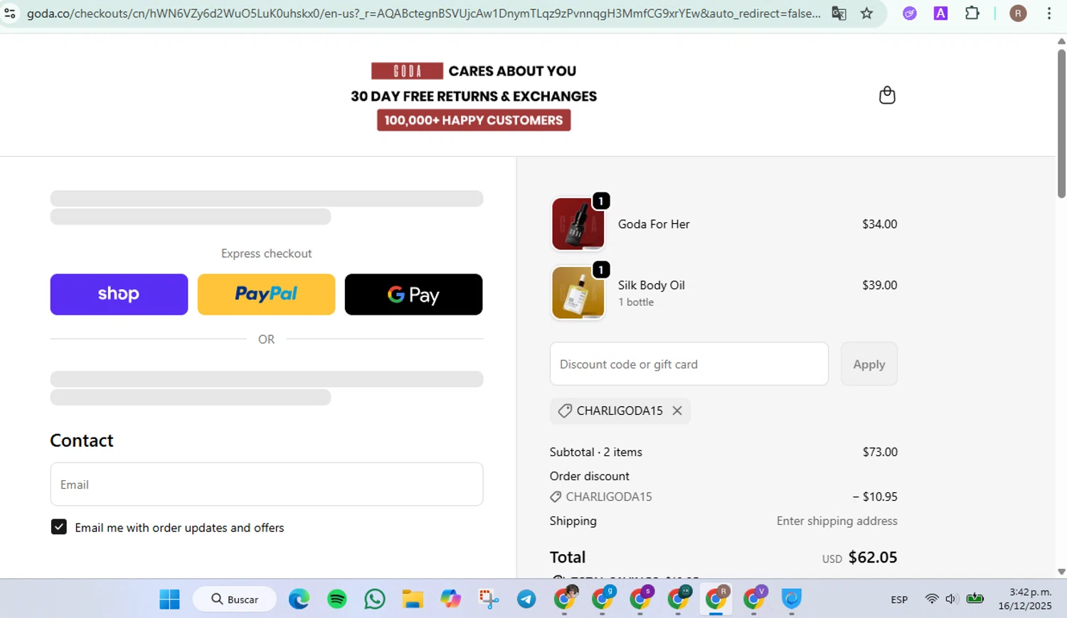 Goda Perfume discount code screenshot showing code CHARLIGODA15 applied at Goda Perfume checkout page. Uploaded by SimplyCodes community member CleverLynx5188 on Dec 16, 2025