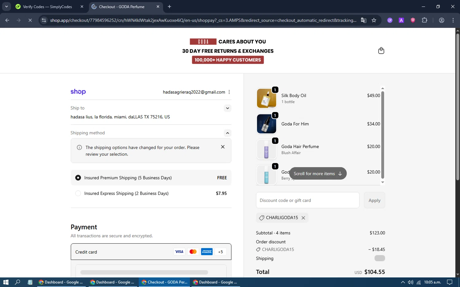 Goda Perfume discount code screenshot showing code CHARLIGODA15 applied at Goda Perfume checkout page. Uploaded by SimplyCodes community member bombom on Oct 31, 2025