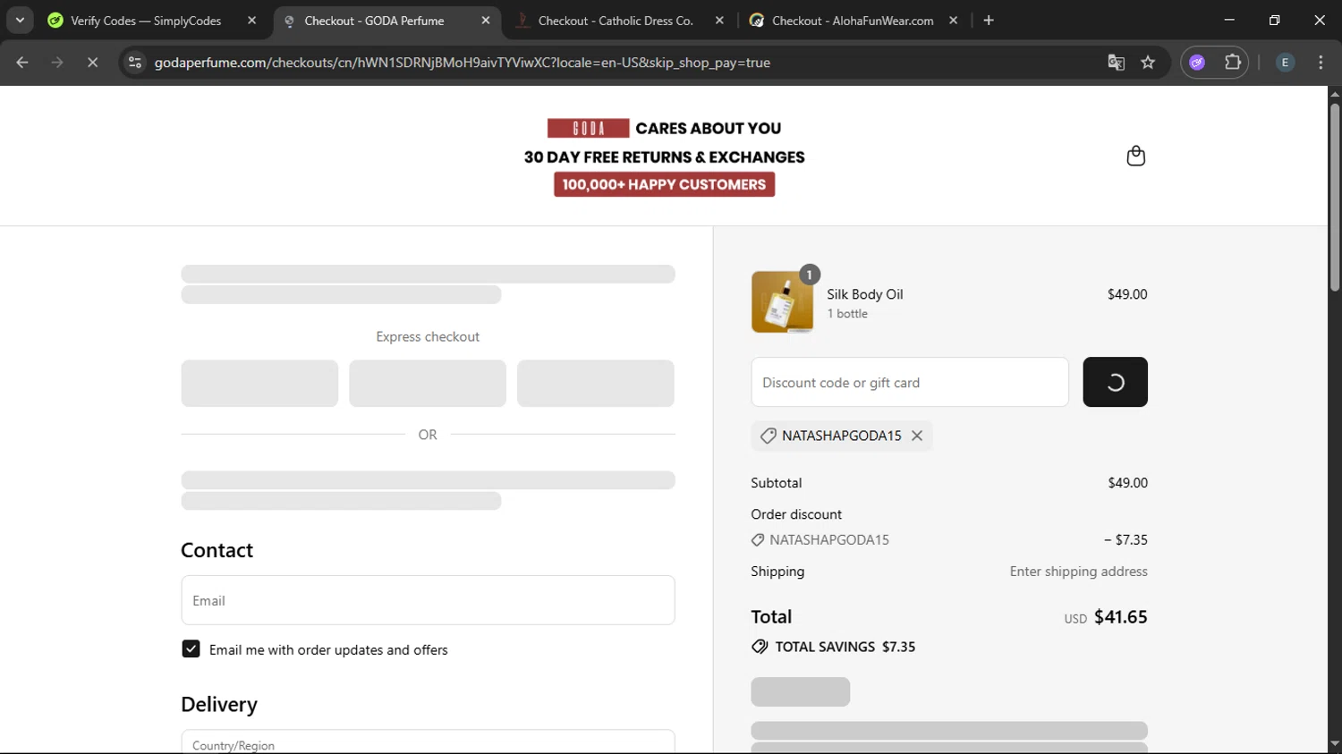 Goda Perfume discount code screenshot showing code NATASHAPGODA15 applied at Goda Perfume checkout page. Uploaded by SimplyCodes community member LegendaryFox9861 on Aug 5, 2025
