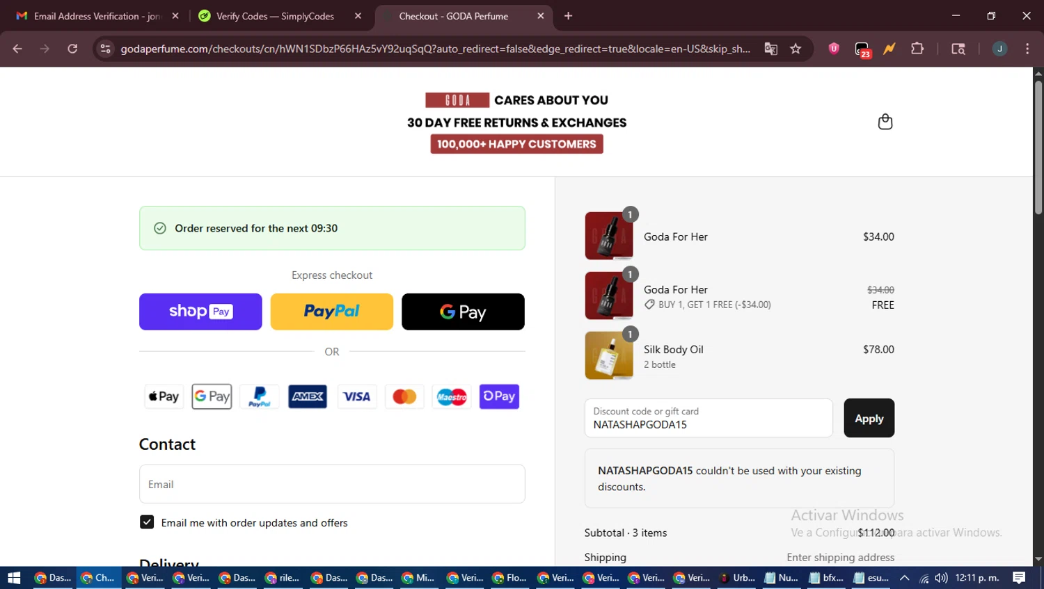 Goda Perfume discount code screenshot showing code NATASHAPGODA15 applied at Goda Perfume checkout page. Uploaded by SimplyCodes community member ScanLynx8928 on Aug 5, 2025