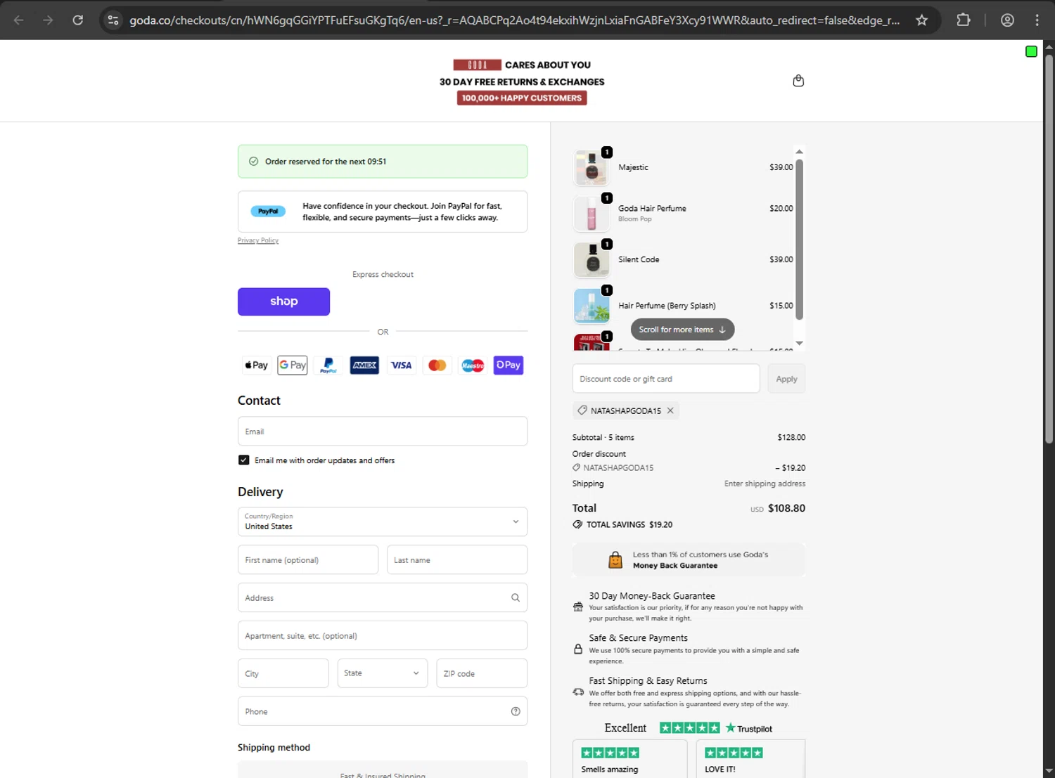 Goda Perfume discount code screenshot showing code NATASHAPGODA15 applied at Goda Perfume checkout page. Uploaded by SimplyCodes community member anthonyramirez1 on Dec 21, 2025