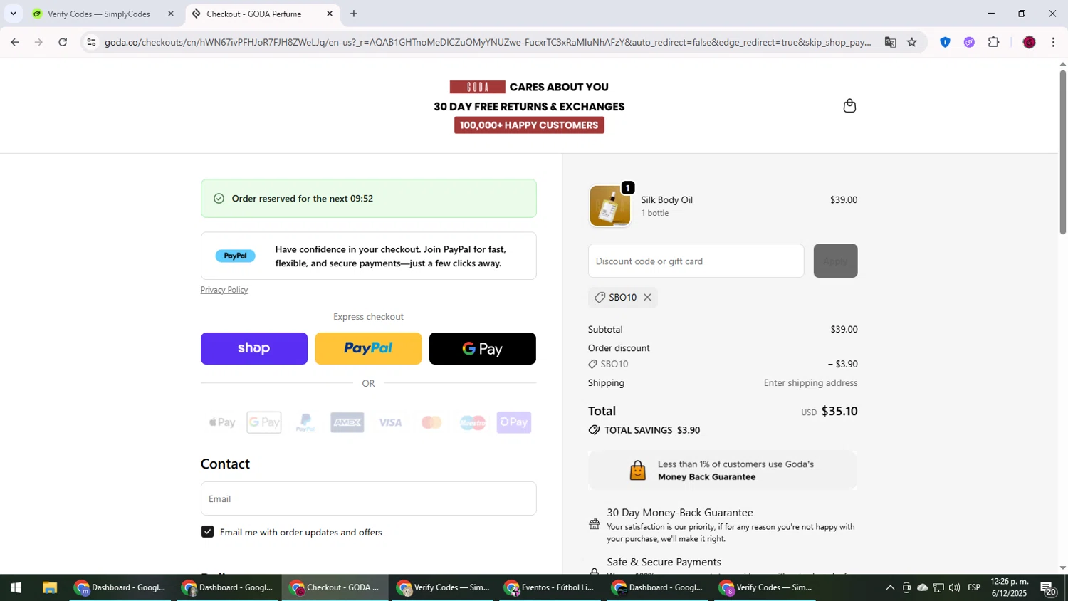 Goda Perfume discount code screenshot showing code sbo10 applied at Goda Perfume checkout page. Uploaded by SimplyCodes community member MightyLegend6657 on Dec 6, 2025