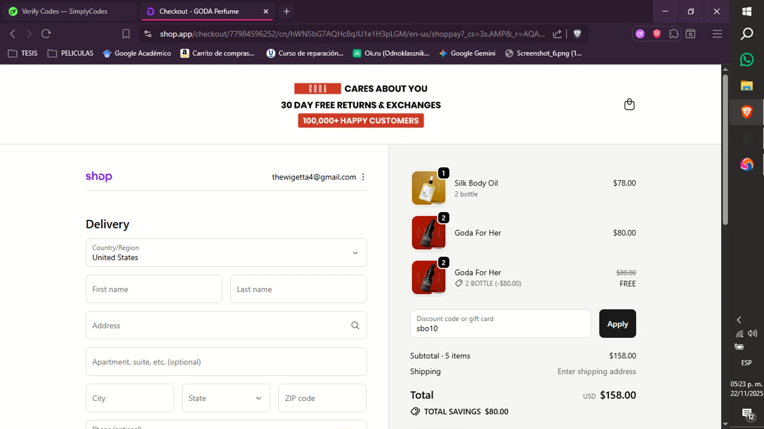 Goda Perfume discount code screenshot showing code sbo10 applied at Goda Perfume checkout page. Uploaded by SimplyCodes community member xXdevoragoticas69Xx on Nov 22, 2025