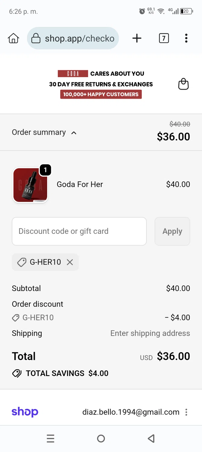 Goda Perfume discount code screenshot showing code G-HER10 applied at Goda Perfume checkout page. Uploaded by SimplyCodes community member Anthony_Diaz on Nov 27, 2025