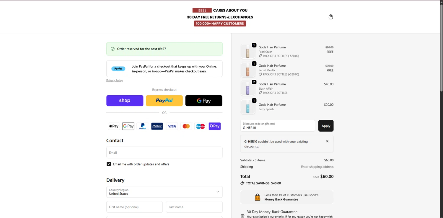 Goda Perfume discount code screenshot showing code G-HER10 applied at Goda Perfume checkout page. Uploaded by SimplyCodes community member FortunateSeeker4672 on Dec 3, 2025