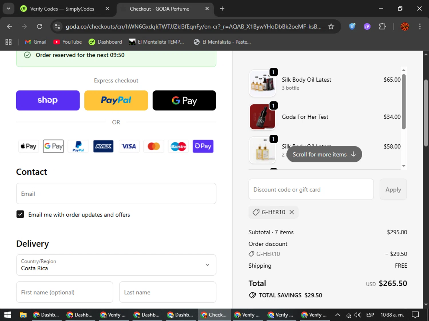 Goda Perfume discount code screenshot showing code G-HER10 applied at Goda Perfume checkout page. Uploaded by SimplyCodes community member Rodolfo on Dec 10, 2025