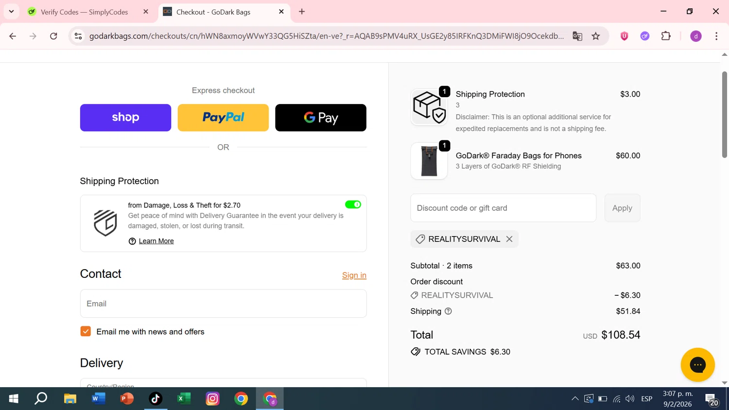 GoDark Bags checkout page showing GoDark Bags promo code box | Screenshot taken by SimplyCodes community member on Feb 9, 2026