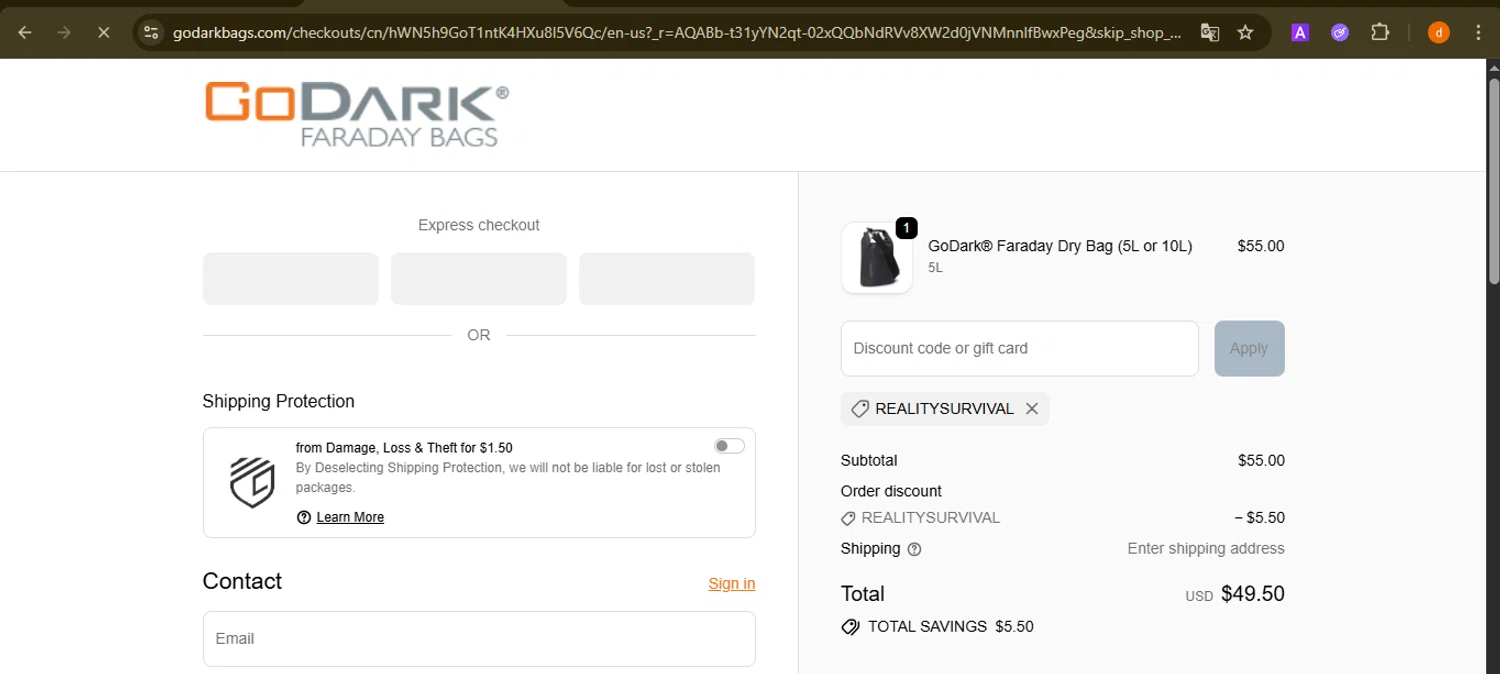 GoDark Bags promo code screenshot showing code REALITYSURVIVAL applied at GoDark Bags checkout page. Uploaded by SimplyCodes community member PennyAdmiral6960 on Nov 25, 2025