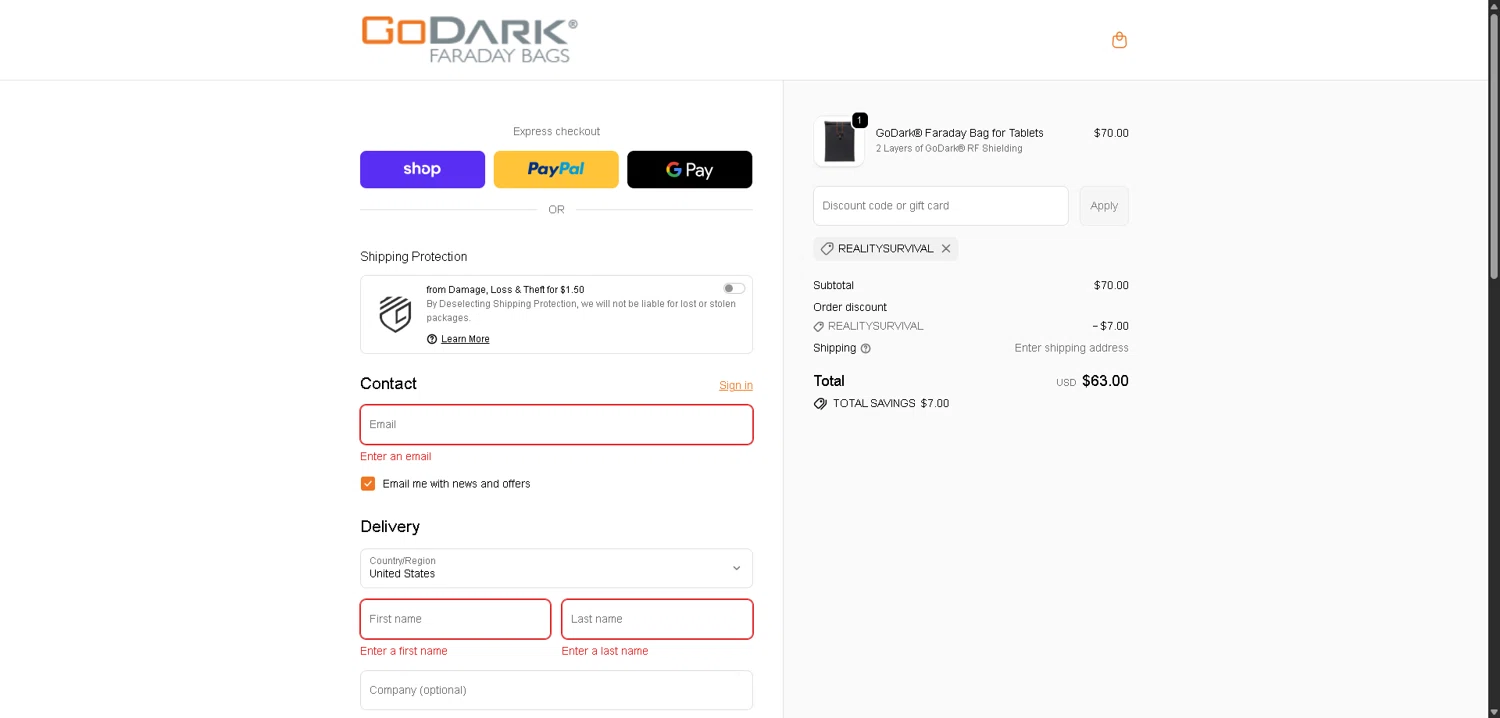 GoDark Bags promo code screenshot showing code REALITYSURVIVAL applied at GoDark Bags checkout page. Uploaded by SimplyCodes community member PromoElite4745 on Dec 24, 2025