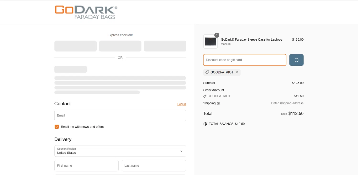 GoDark Bags promo code screenshot showing code goodpatriot applied at GoDark Bags checkout page. Uploaded by SimplyCodes community member dimitriv on Mar 26, 2025