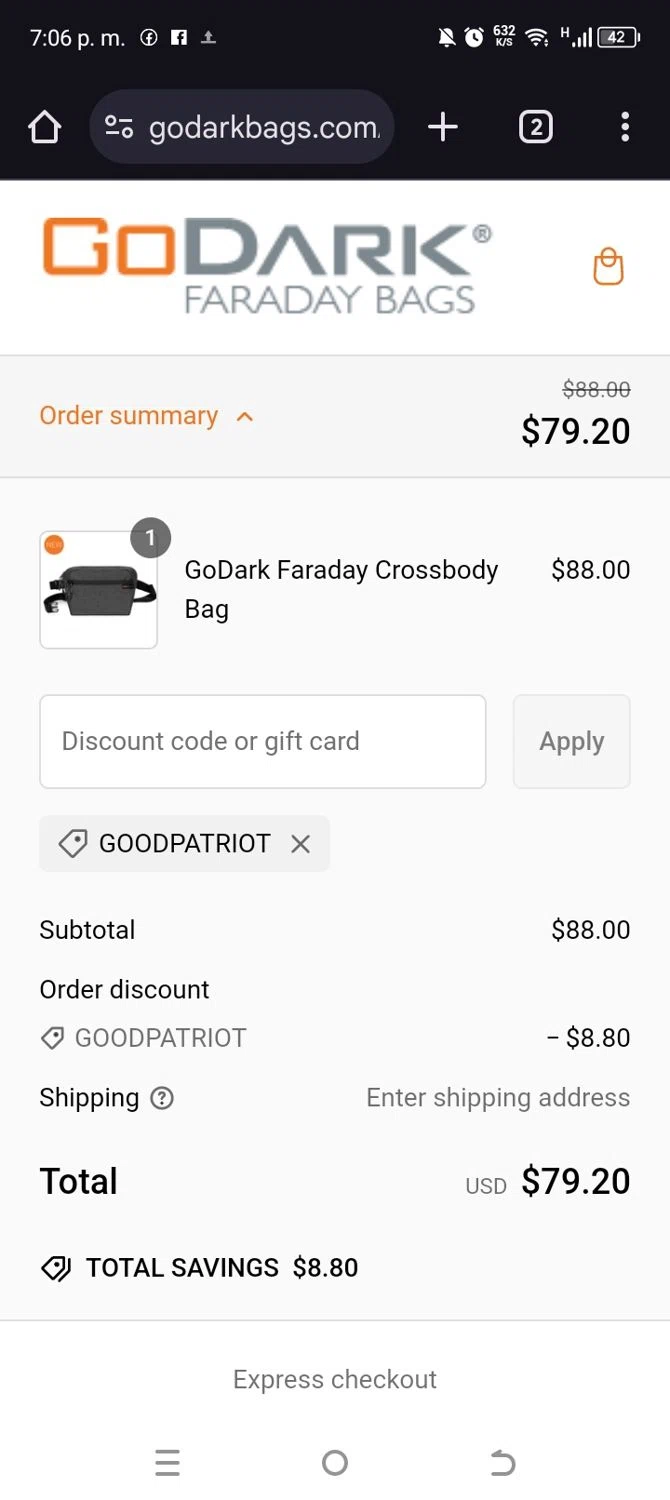 GoDark Bags promo code screenshot showing code goodpatriot applied at GoDark Bags checkout page. Uploaded by SimplyCodes community member annehathaway on Feb 15, 2025