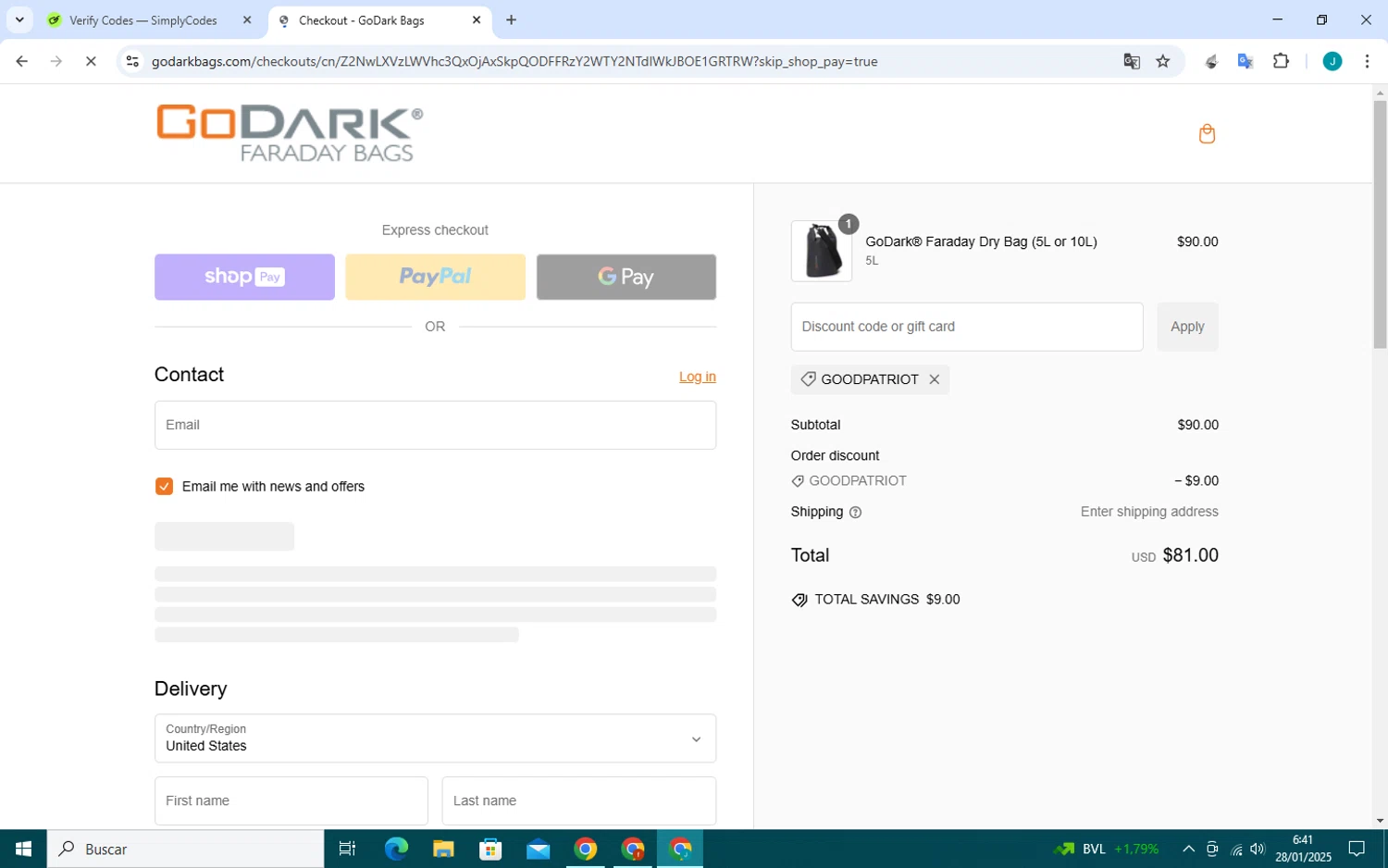 GoDark Bags promo code screenshot showing code goodpatriot applied at GoDark Bags checkout page. Uploaded by SimplyCodes community member collug_2_0 on Jan 28, 2025