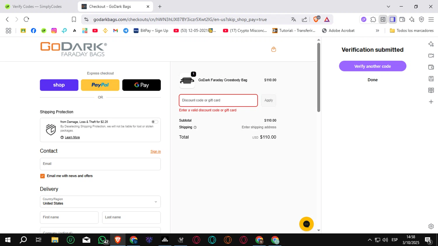GoDark Bags promo code screenshot showing code EFANI15 applied at GoDark Bags checkout page. Uploaded by SimplyCodes community member Sungjinwoo on Oct 3, 2025