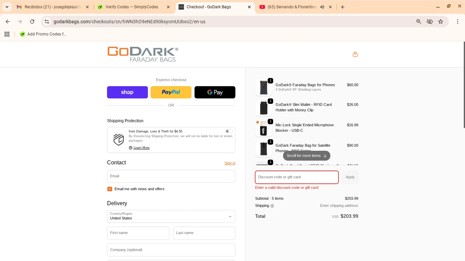 GoDark Bags promo code screenshot showing code EFANI15 applied at GoDark Bags checkout page. Uploaded by SimplyCodes community member yennifergonzalez on Oct 3, 2025