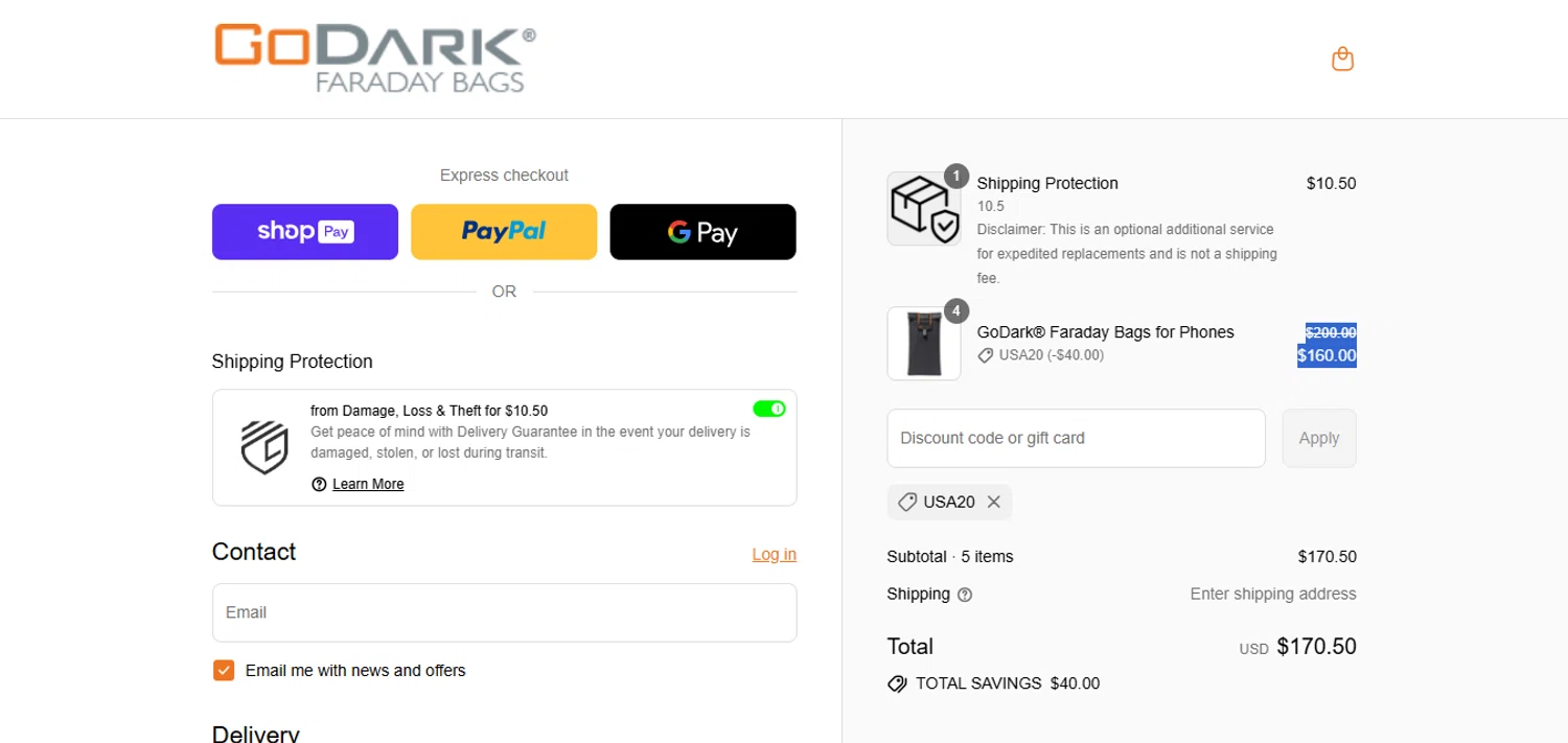 GoDark Bags promo code screenshot showing code usa20 applied at GoDark Bags checkout page. Uploaded by SimplyCodes community member juanisaac on Jul 3, 2025