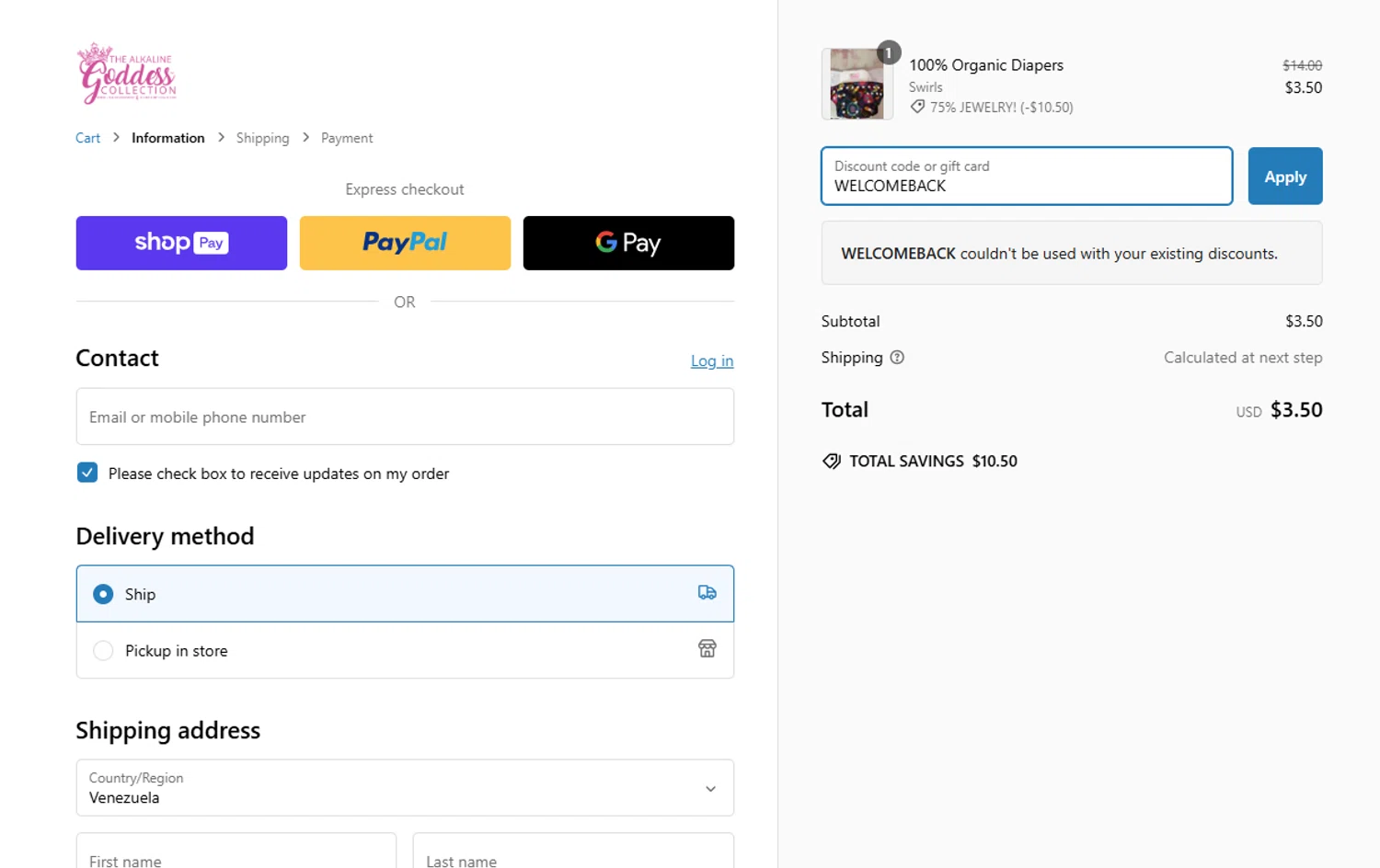 Goddess Collection discount code screenshot showing code WELCOMEBACK applied at Goddess Collection checkout page. Uploaded by SimplyCodes community member SmartFinder4193 on Feb 21, 2025