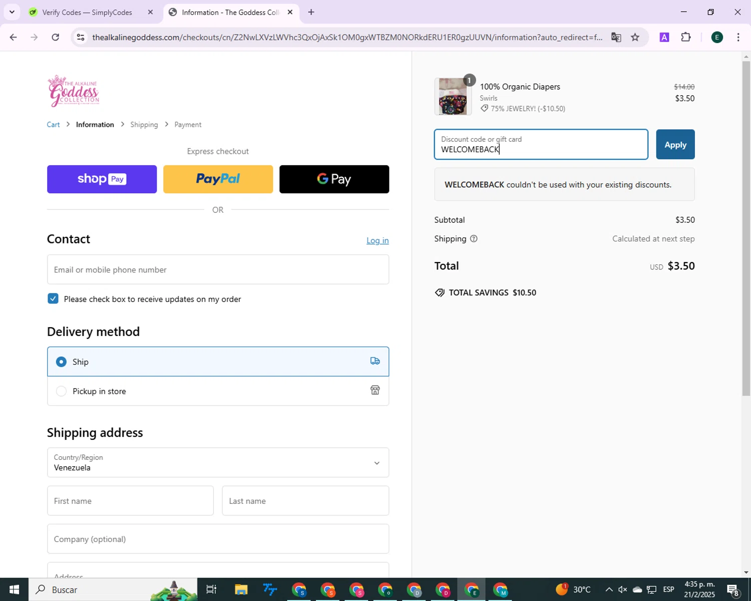 Goddess Collection discount code screenshot showing code WELCOMEBACK applied at Goddess Collection checkout page. Uploaded by SimplyCodes community member 00000006 on Feb 21, 2025