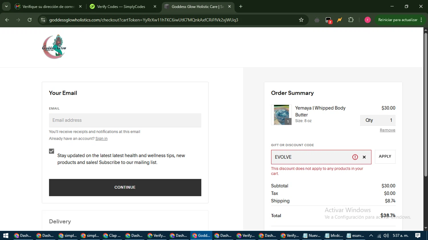Goddess Glow Holistic promo code screenshot showing code EVOLVE applied at Goddess Glow Holistic checkout page. Uploaded by SimplyCodes community member WisePro3739 on May 18, 2025