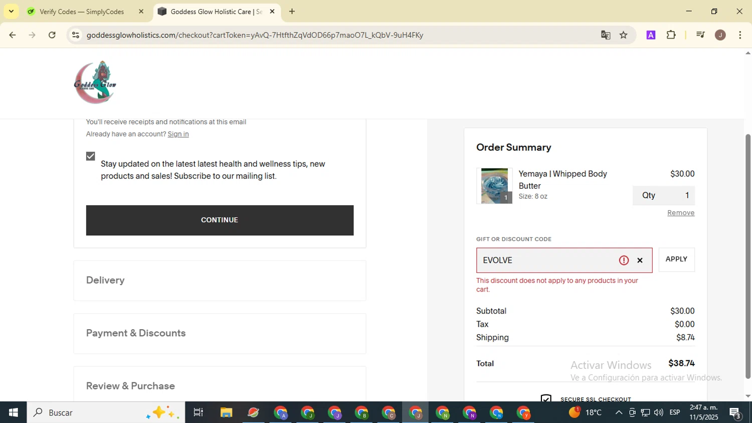 Goddess Glow Holistic promo code screenshot showing code EVOLVE applied at Goddess Glow Holistic checkout page. Uploaded by SimplyCodes community member ValiantHero2365 on May 11, 2025