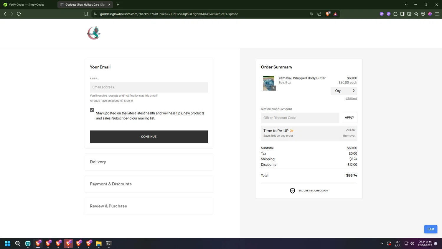 Goddess Glow Holistic checkout page showing Goddess Glow Holistic promo code box | Screenshot taken by SimplyCodes community member on Jun 22, 2025