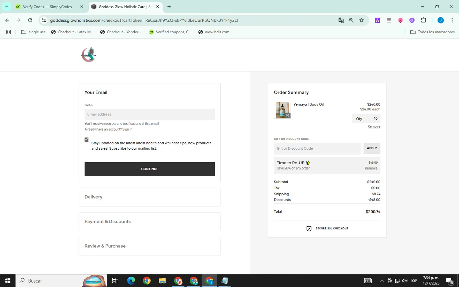 Goddess Glow Holistic promo code screenshot showing code SAVE20 applied at Goddess Glow Holistic checkout page. Uploaded by SimplyCodes community member ELVERGALARGA on Jul 12, 2025