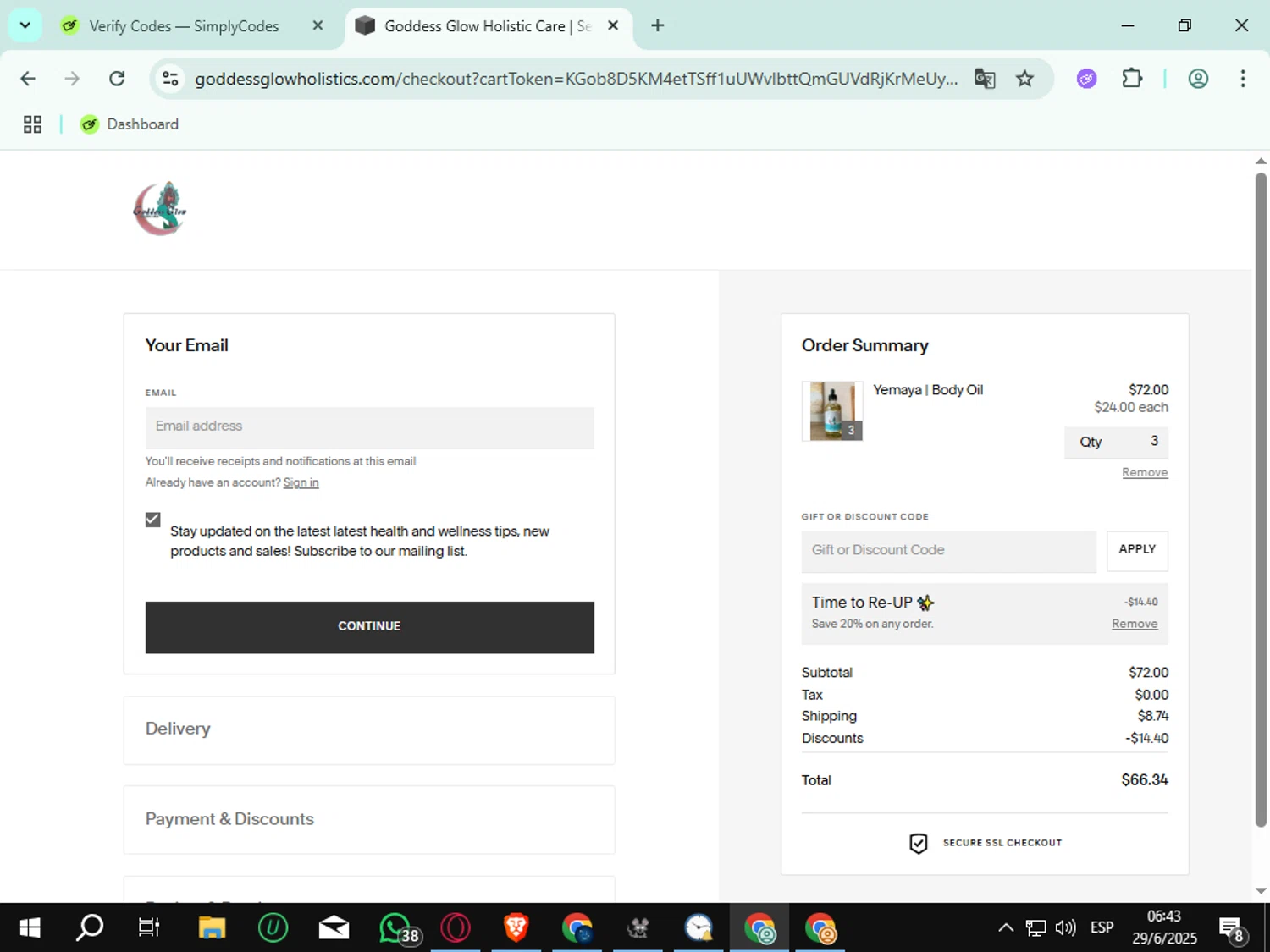 Goddess Glow Holistic promo code screenshot showing code SAVE20 applied at Goddess Glow Holistic checkout page. Uploaded by SimplyCodes community member rauzzzz on Jun 29, 2025