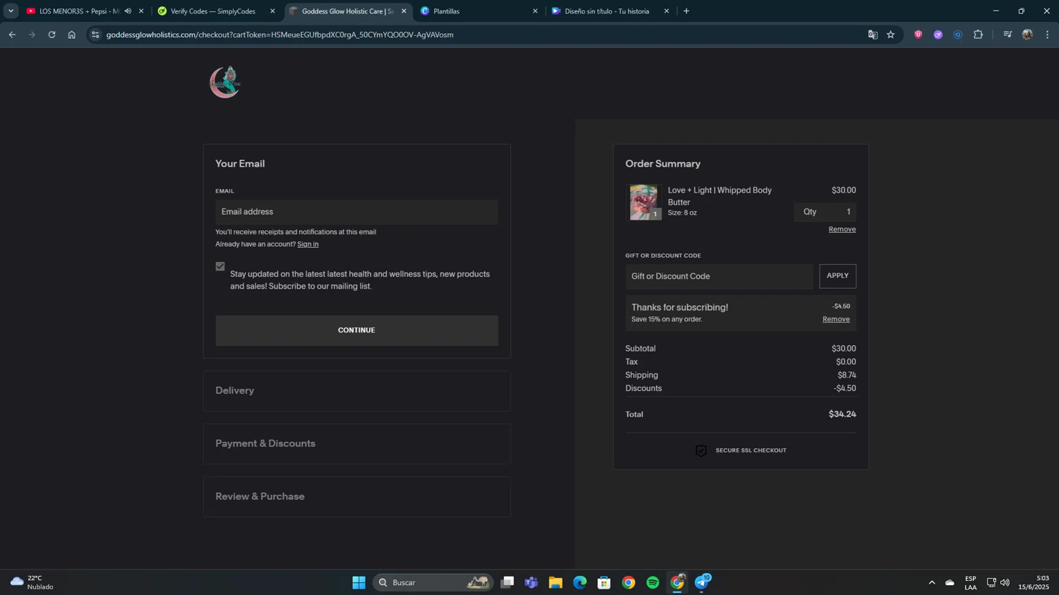 Goddess Glow Holistic promo code screenshot showing code GGHC15 applied at Goddess Glow Holistic checkout page. Uploaded by SimplyCodes community member JolyneCujoh on Jun 15, 2025