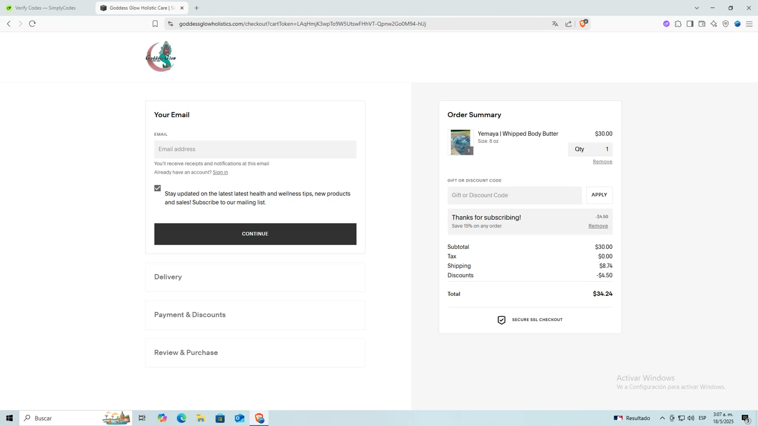 Goddess Glow Holistic promo code screenshot showing code GGHC15 applied at Goddess Glow Holistic checkout page. Uploaded by SimplyCodes community member Machi005 on May 18, 2025