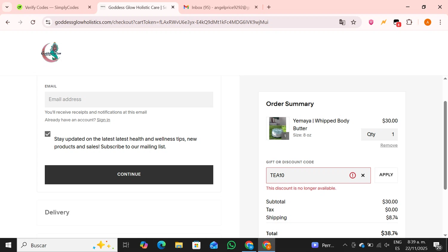 Goddess Glow Holistic promo code screenshot showing code TEA10 applied at Goddess Glow Holistic checkout page. Uploaded by SimplyCodes community member BrilliantPro4121 on Nov 22, 2025