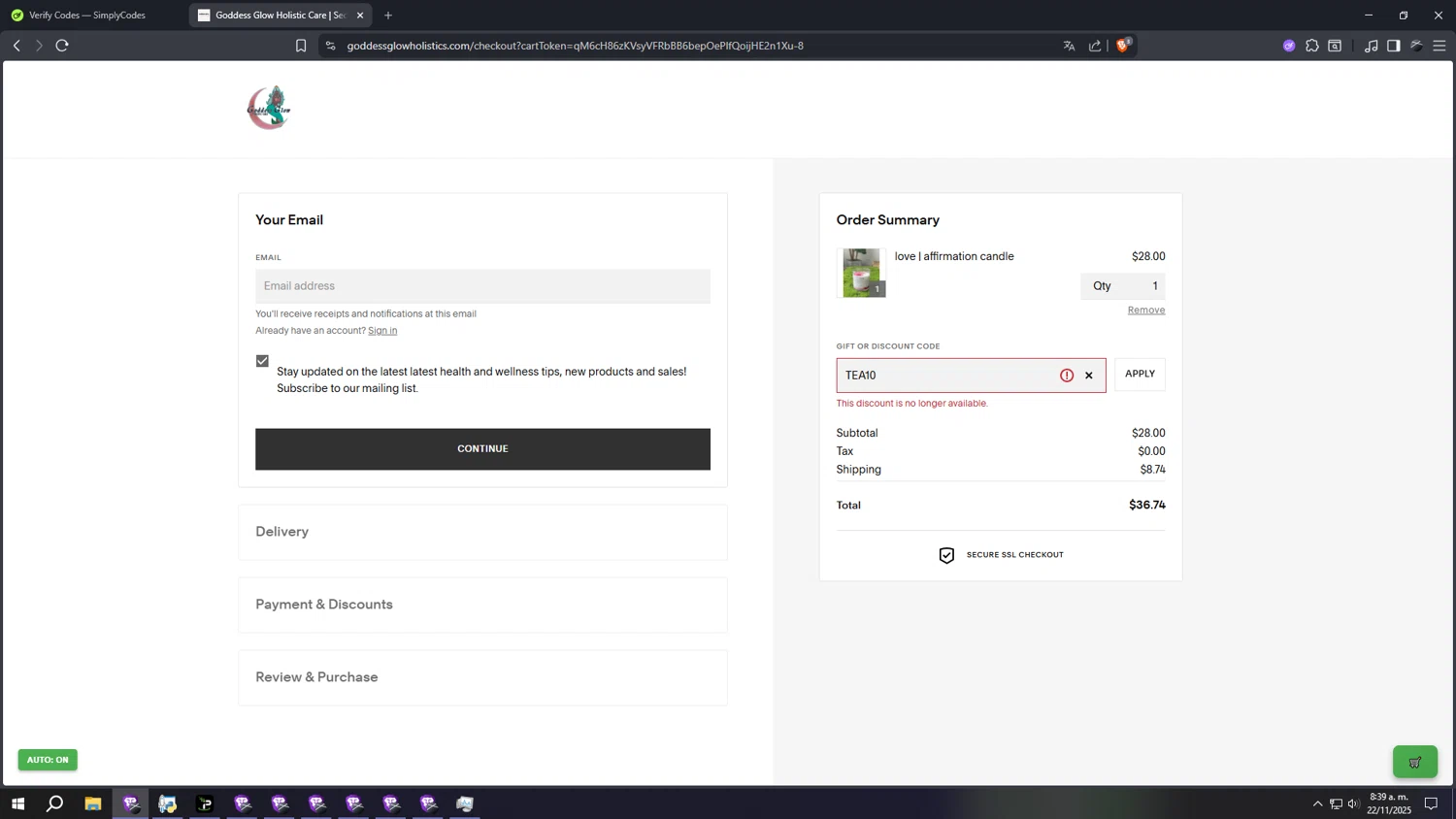 Goddess Glow Holistic promo code screenshot showing code TEA10 applied at Goddess Glow Holistic checkout page. Uploaded by SimplyCodes community member aaaaaaaaaaaaaaaa on Nov 22, 2025