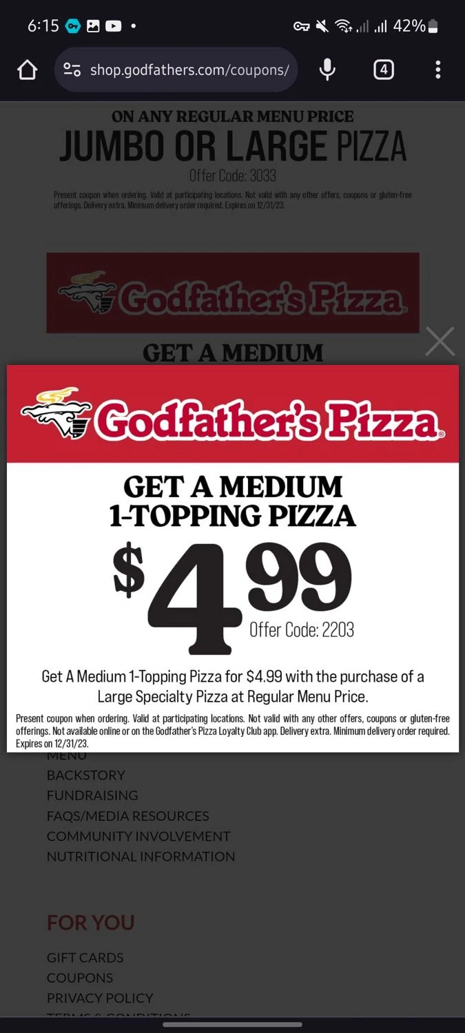 Godfather's Pizza Coupons - $2 Off | October 2024