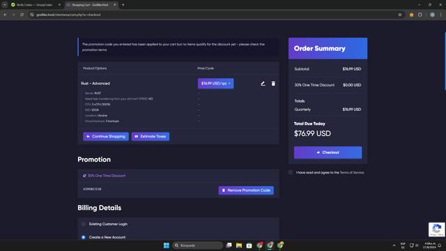 Godlike.Host checkout page showing Godlike.Host promo code box | Screenshot taken by SimplyCodes community member on Aug 17, 2024
