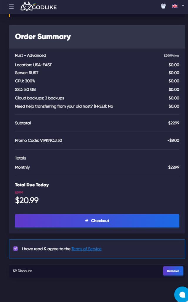 Godlike.Host checkout page showing Godlike.Host promo code box | Screenshot taken by SimplyCodes community member on Oct 20, 2024