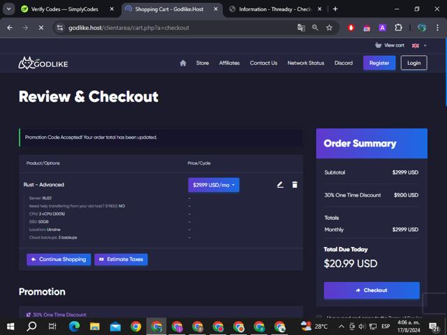 Godlike.Host checkout page showing Godlike.Host promo code box | Screenshot taken by SimplyCodes community member on Aug 17, 2024