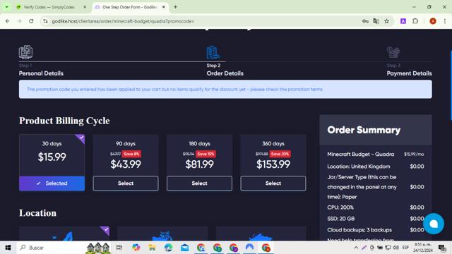 Godlike.Host checkout page showing Godlike.Host promo code box | Screenshot taken by SimplyCodes community member on Dec 24, 2024