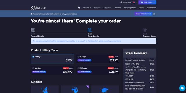 Godlike.Host checkout page showing Godlike.Host promo code box | Screenshot taken by SimplyCodes community member on Mar 18, 2025