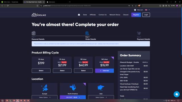 Godlike.Host checkout page showing Godlike.Host promo code box | Screenshot taken by SimplyCodes community member on Nov 30, 2024