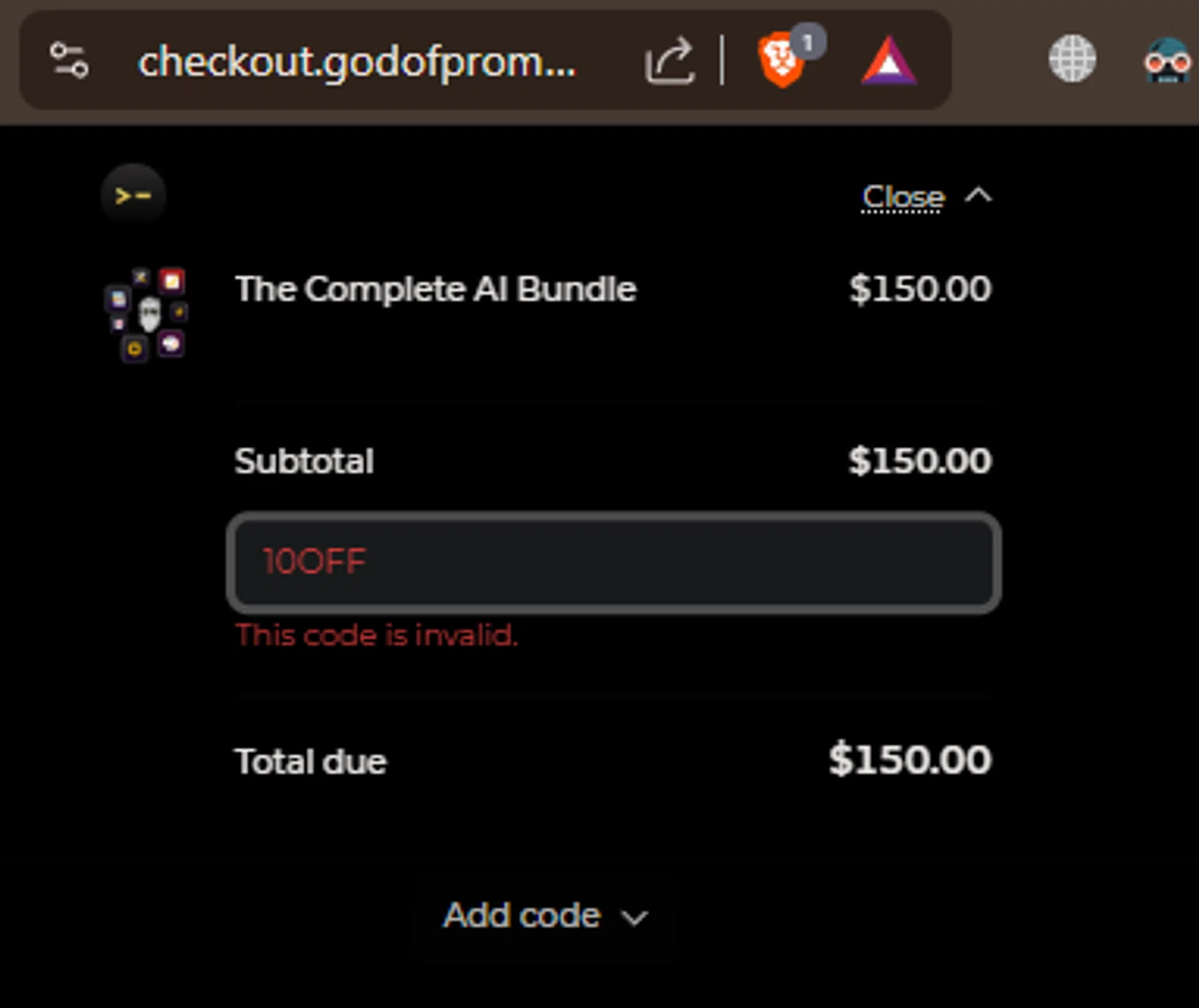 God of Prompt promo code screenshot showing code 10off applied at God of Prompt checkout page. Uploaded by SimplyCodes community member SpiderGwen on Nov 14, 2025