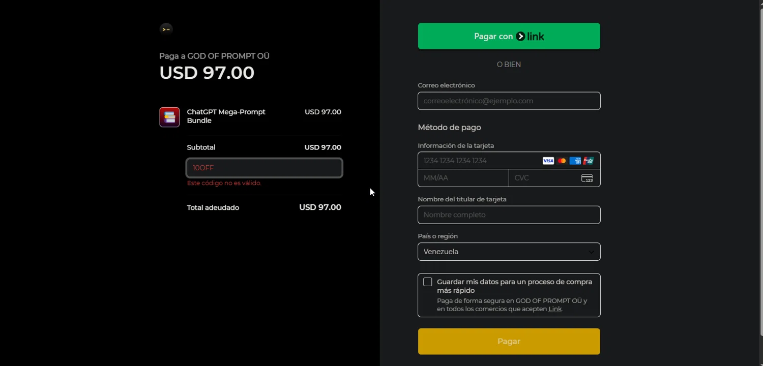 God of Prompt promo code screenshot showing code 10off applied at God of Prompt checkout page. Uploaded by SimplyCodes community member TreasureMaestro5413 on Nov 14, 2025