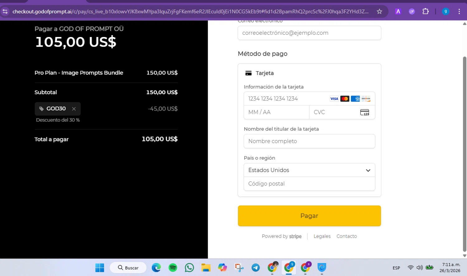 God of Prompt promo code screenshot showing code God30 applied at God of Prompt checkout page. Uploaded by SimplyCodes community member FrugalVirtuoso6318 on Mar 26, 2026