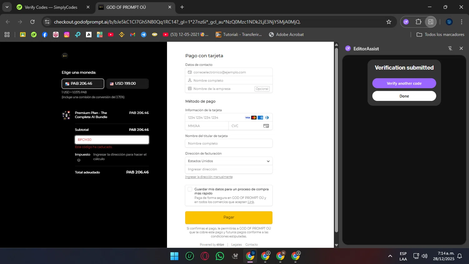 God of Prompt promo code screenshot showing code BFCM30 applied at God of Prompt checkout page. Uploaded by SimplyCodes community member Crchirino1 on Dec 28, 2025