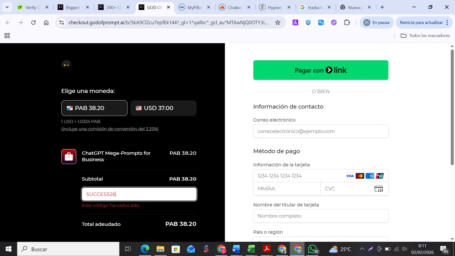 God of Prompt promo code screenshot showing code SUCCESS26 applied at God of Prompt checkout page. Uploaded by SimplyCodes community member MANUELURBINA on Feb 2, 2026