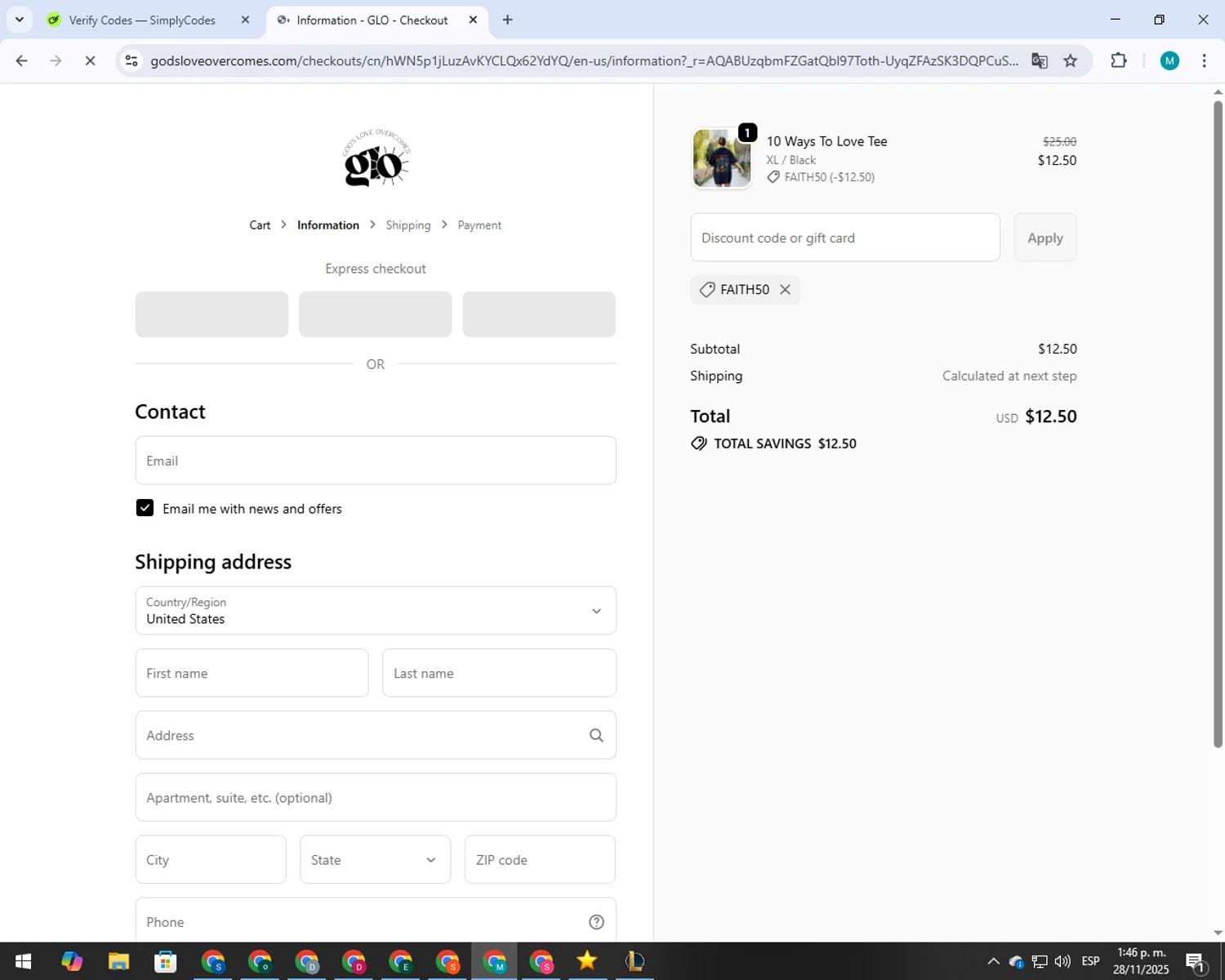 God's Love Overcomes promo code screenshot showing code FAITH50 applied at God's Love Overcomes checkout page. Uploaded by SimplyCodes community member 000005 on Nov 28, 2025