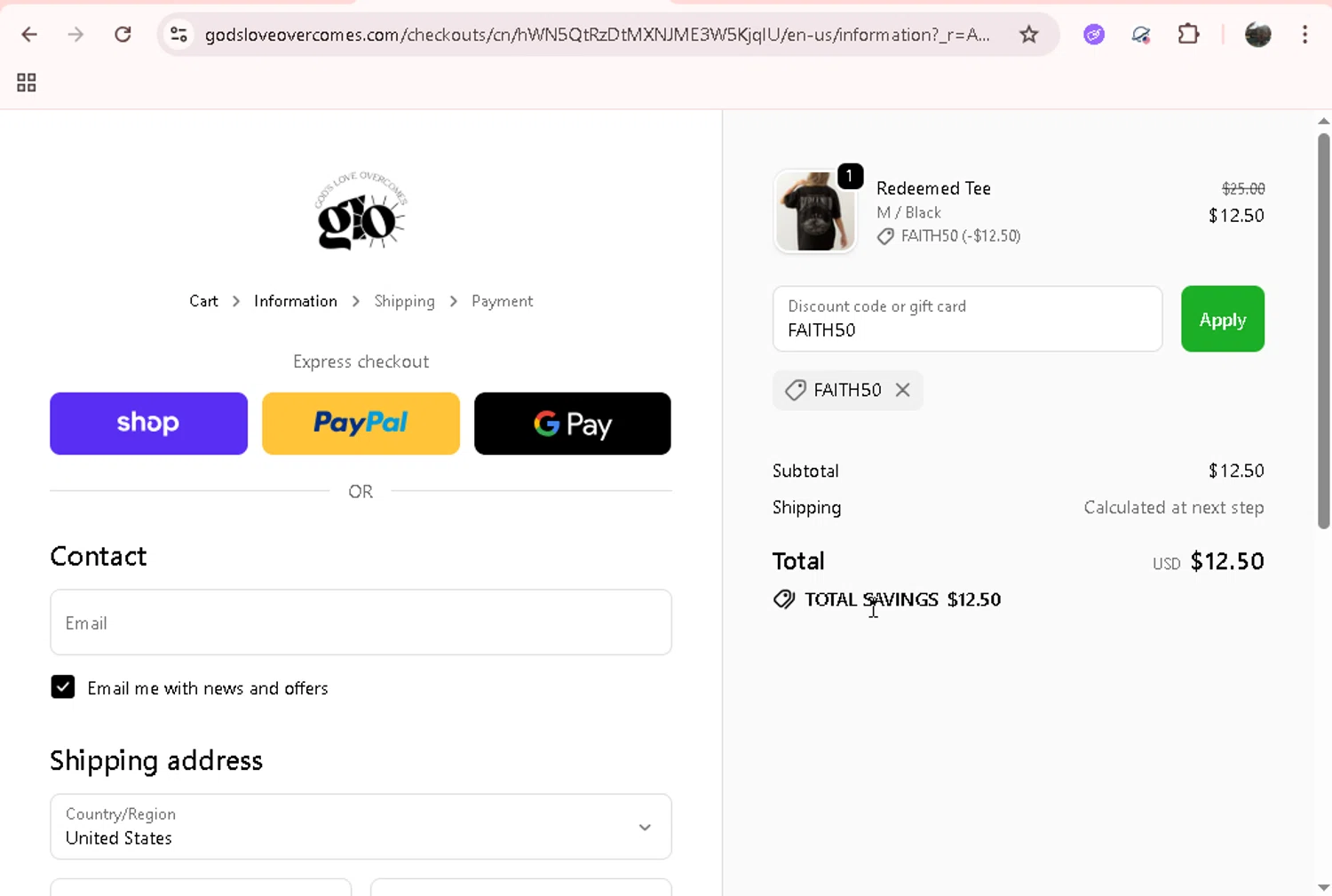 God's Love Overcomes promo code screenshot showing code FAITH50 applied at God's Love Overcomes checkout page. Uploaded by SimplyCodes community member onebullet on Nov 18, 2025