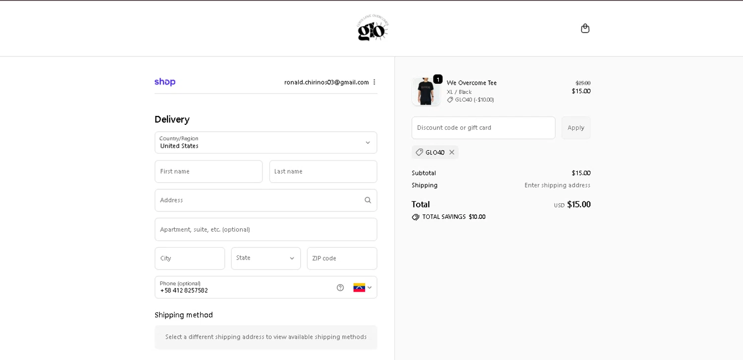 God's Love Overcomes promo code screenshot showing code GLO40 applied at God's Love Overcomes checkout page. Uploaded by SimplyCodes community member CodeExpert7814 on Dec 4, 2025